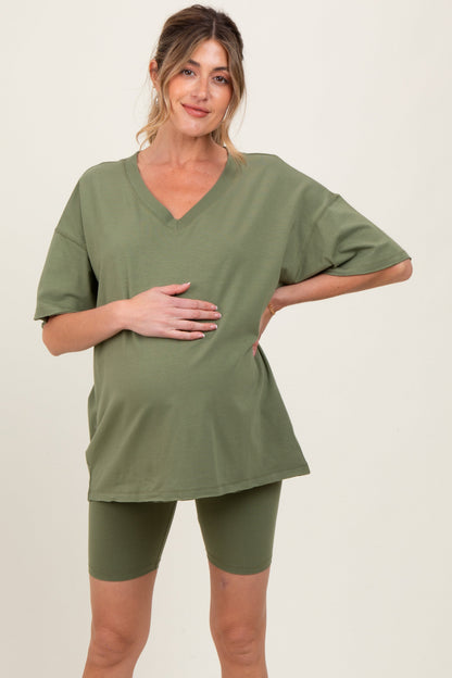 Olive Oversized V-Neck Biker Short Maternity Set