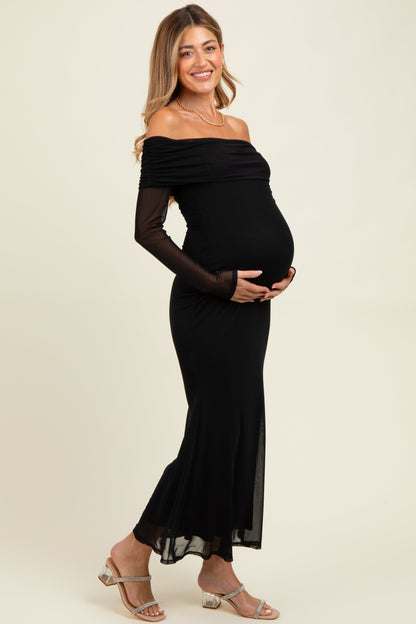 Black Mesh Overlay Off Shoulder Long Sleeve Maternity Midi Dress