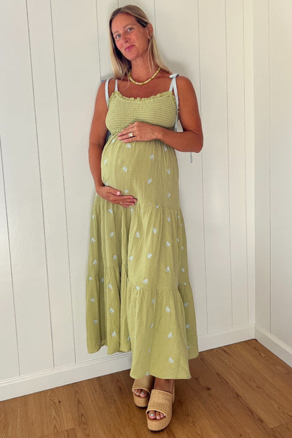 Light Olive Embroidered Smocked Shoulder Tie Maternity Maxi Dress