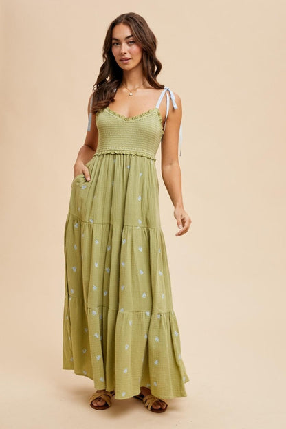 Light Olive Embroidered Smocked Shoulder Tie Maternity Maxi Dress