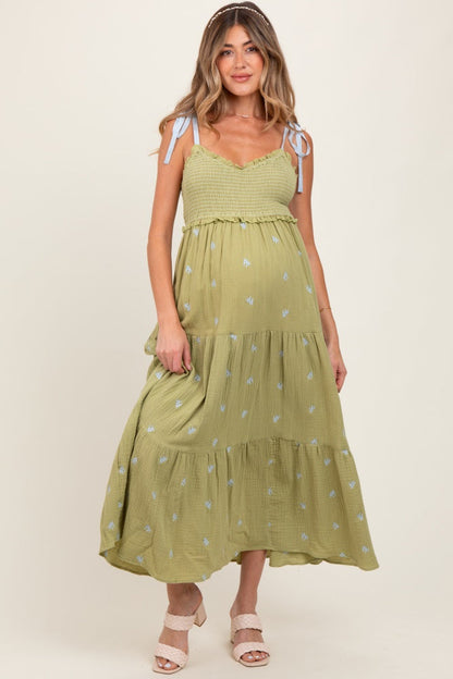 Light Olive Embroidered Smocked Shoulder Tie Maternity Maxi Dress