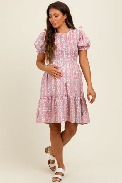 Pink Floral Smocked Ruffle Accent Maternity Dress