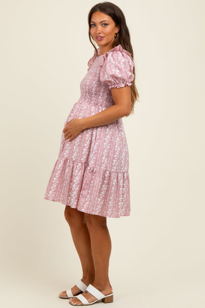 Pink Floral Smocked Ruffle Accent Maternity Dress