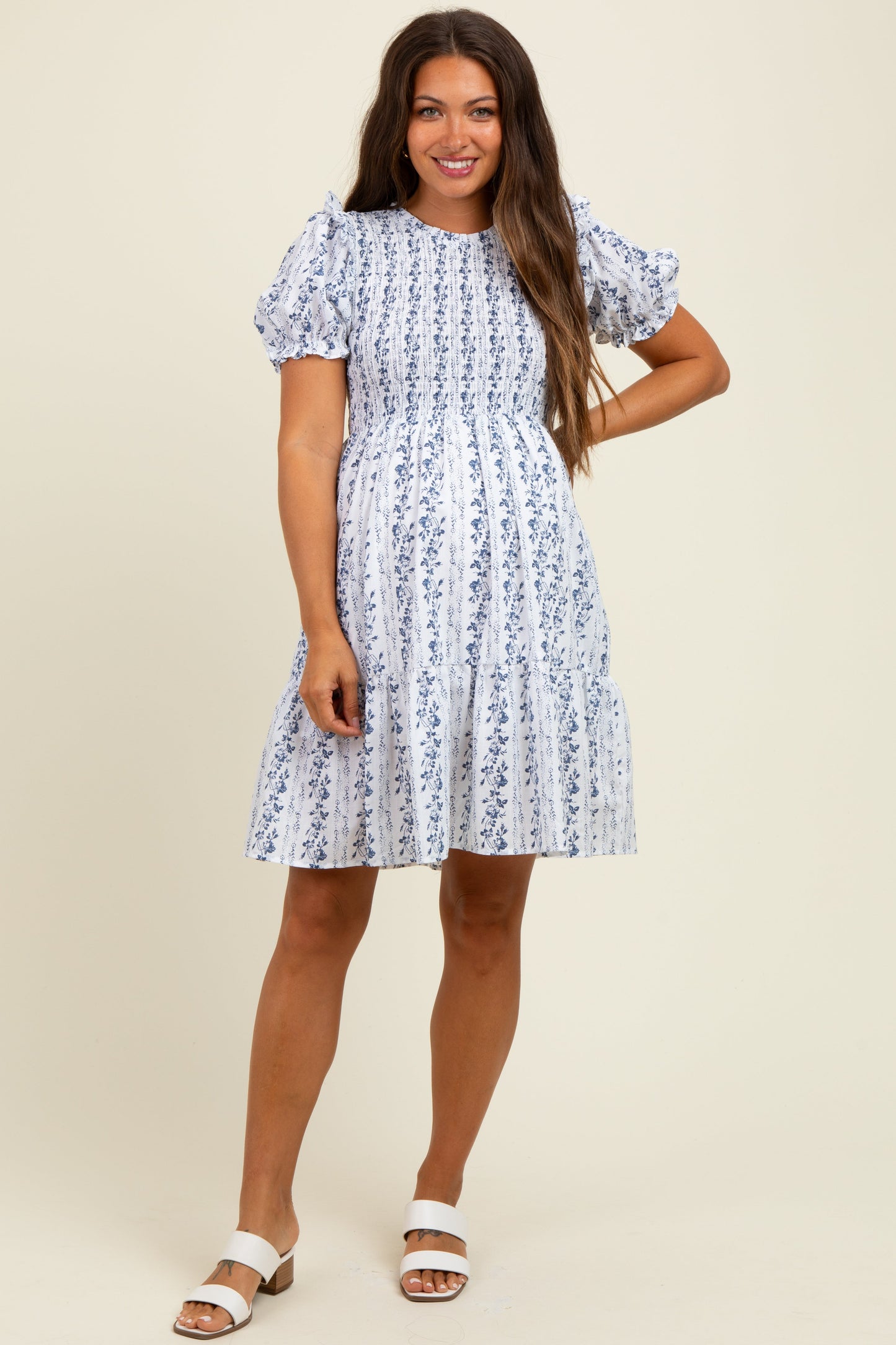 White Floral Smocked Ruffle Accent Maternity Dress