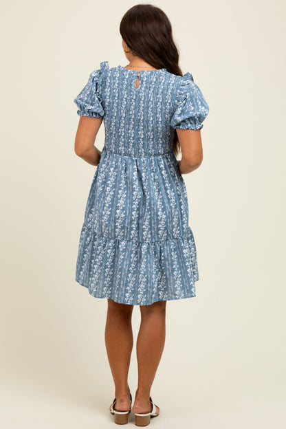 Blue Floral Smocked Ruffle Accent Maternity Dress