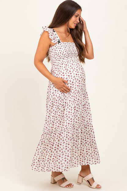 Red Floral Bow Trim Lace Detail Smocked Maternity Maxi Dress