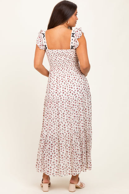 Red Floral Bow Trim Lace Detail Smocked Maternity Maxi Dress