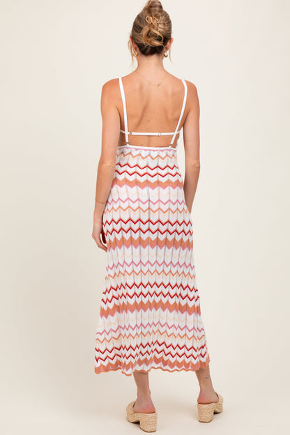 Salmon Pointelle Chevron Knit Open Back Maternity Midi Dress