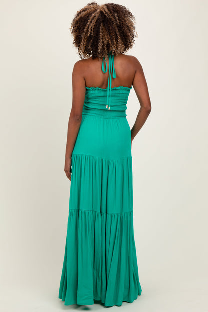 Green Smocked Halter Tiered Maternity Maxi Dress