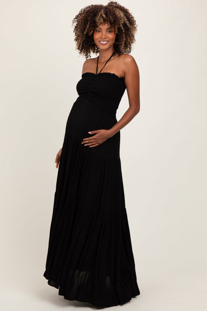 Black Smocked Halter Tiered Maternity Maxi Dress