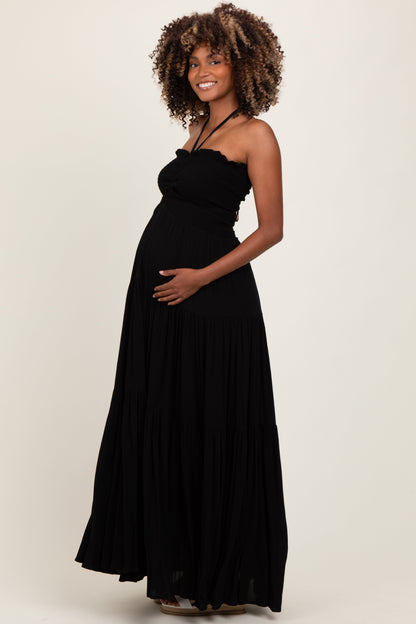 Black Smocked Halter Tiered Maternity Maxi Dress