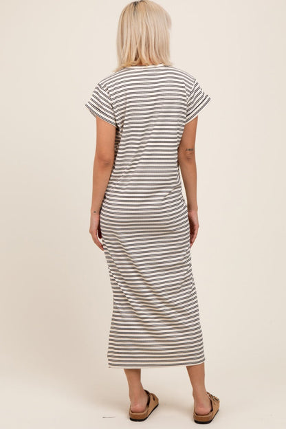 Black Striped Maternity Midi T-Shirt Dress