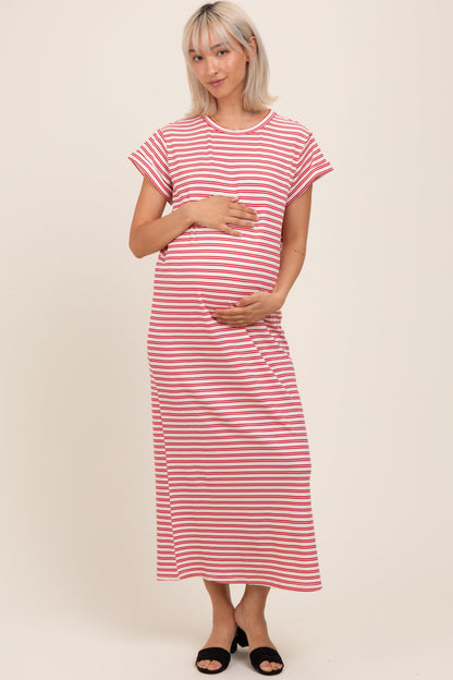 Red Striped Maternity Midi T-Shirt Dress
