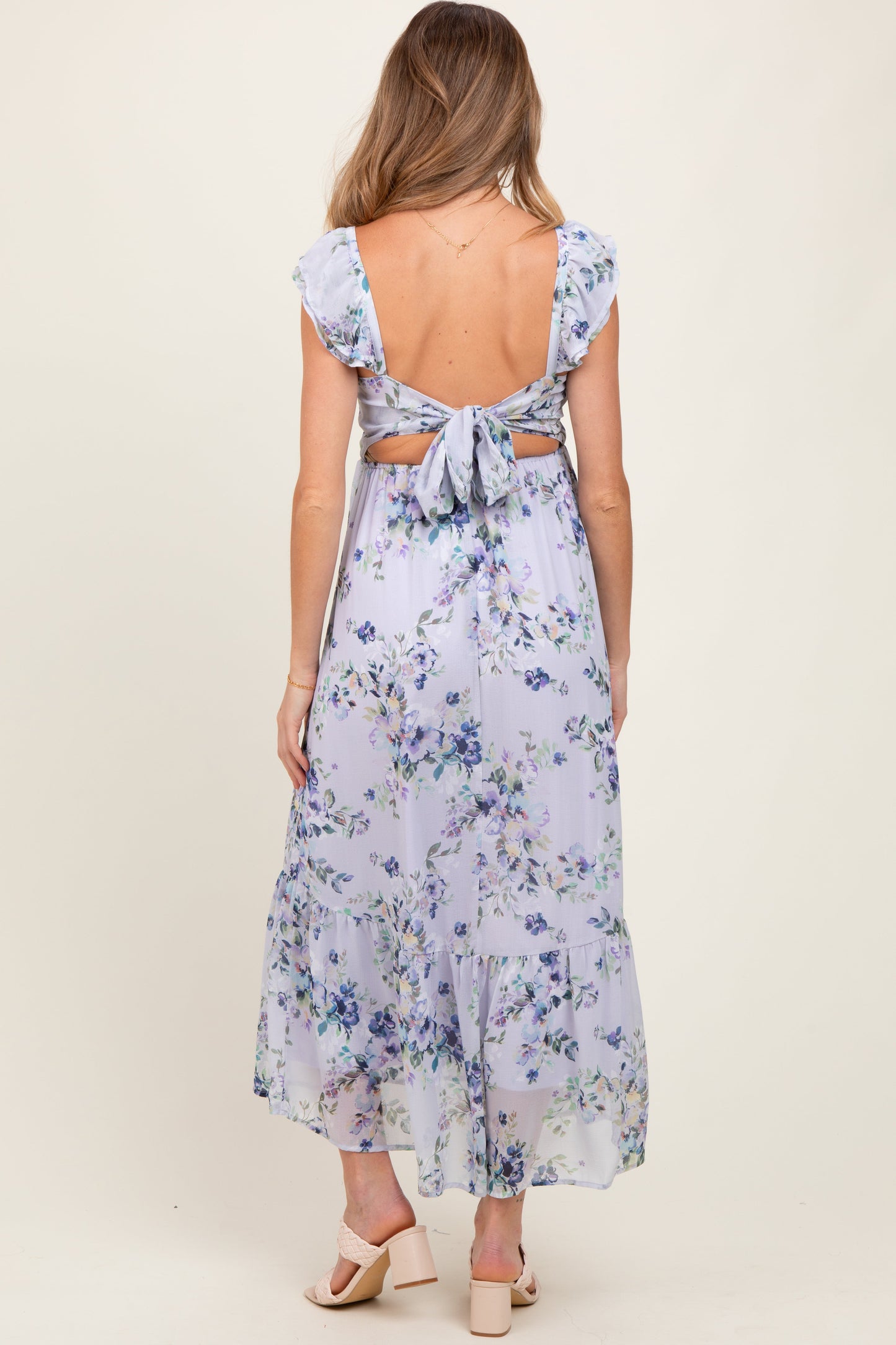 Lilac Floral Textured Open Back Tie Maternity Maxi Dress