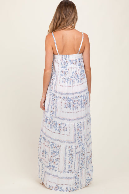 Light Blue Hi-Lo Spaghetti Strap Patchwork Ruffle Maternity Maxi Dress