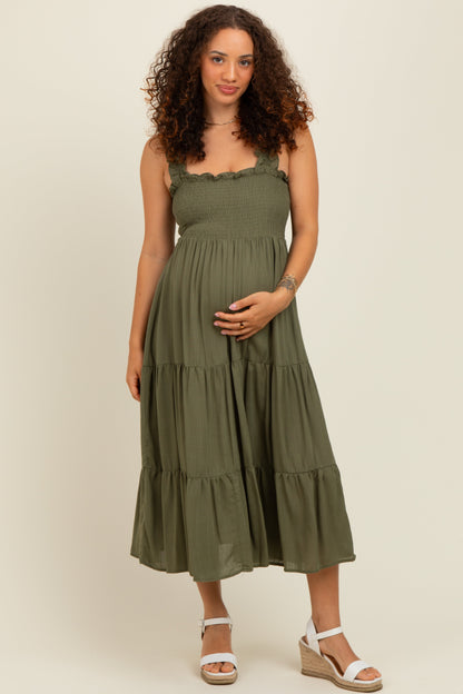 Olive Smocked Ruffle Strap Tiered Maternity Midi Dress