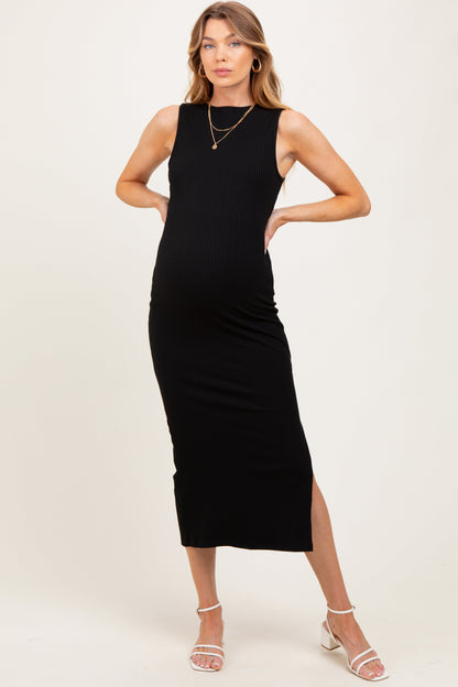 Black Mock Neck Side Slit Maternity Midi Dress