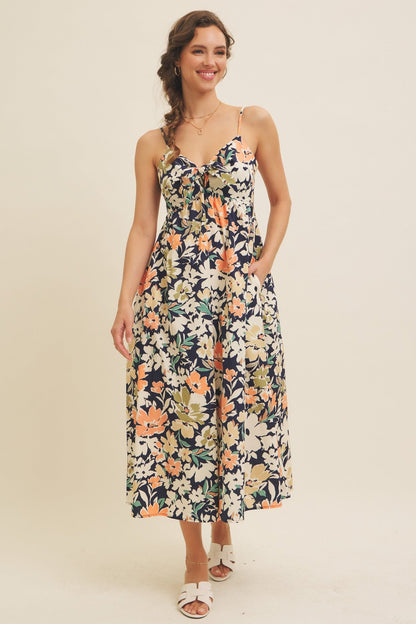 Navy Multi Floral Front Tie Sleeveless Maternity Midi Dress