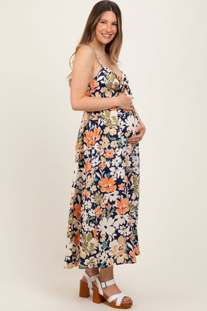 Navy Multi Floral Front Tie Sleeveless Maternity Midi Dress