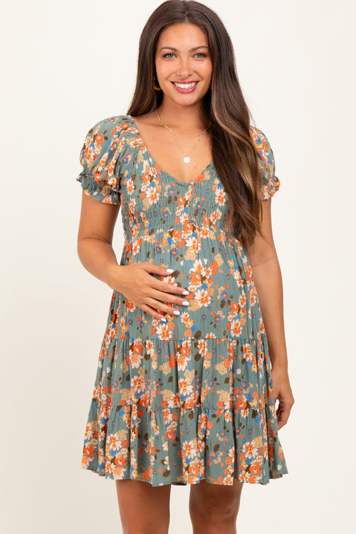 Olive Floral Smocked V-Neck Puff Sleeve Maternity Dress