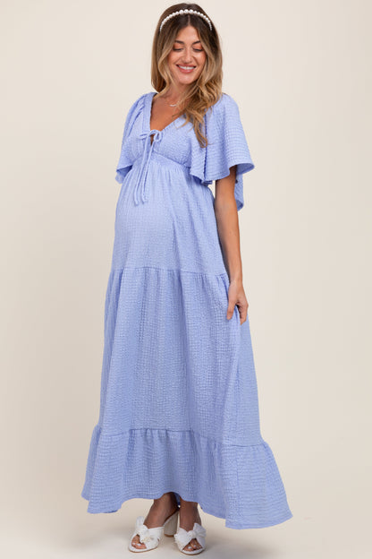 Light Blue Woven Textured Flutter Sleeve V-Neck Tiered Maternity Maxi Dress