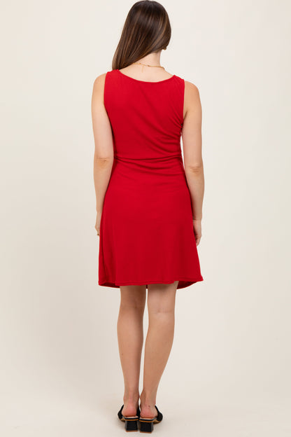 Red Boat Neck Sleeveless Side Tie Maternity Mini Dress