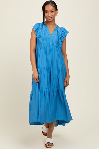 Blue Ruffle Sleeve Tiered Maternity Midi Dress