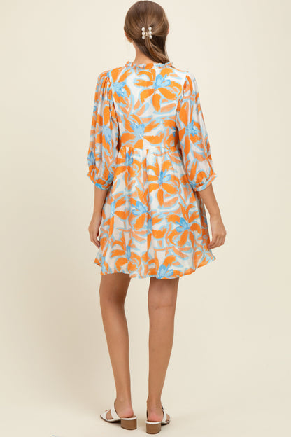 Orange Abstract Floral Front Tie 3/4 Sleeve Maternity Dress