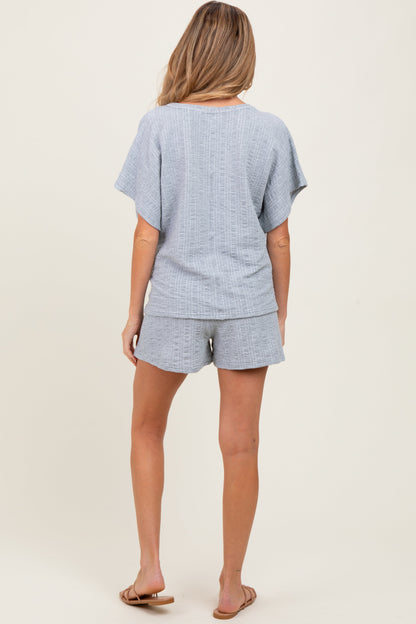 Heather Grey Textured Knit Dolman Sleeve Top Shorts Maternity Set