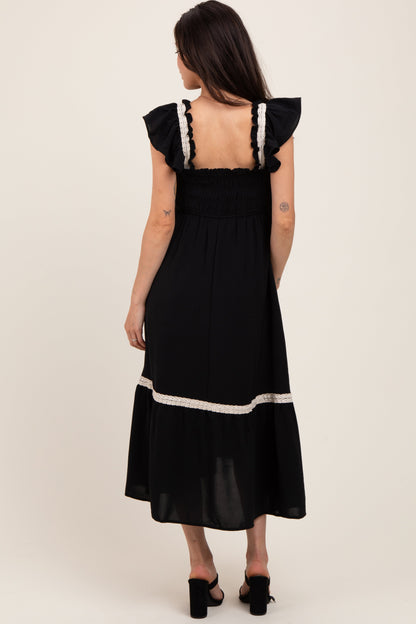Black Smocked Lace Detail Maternity Midi Dress