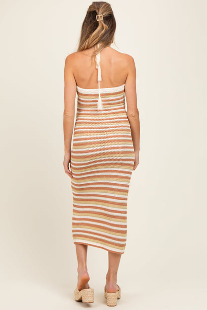 Light Olive Striped Halter Crochet Knit Maternity Midi Dress