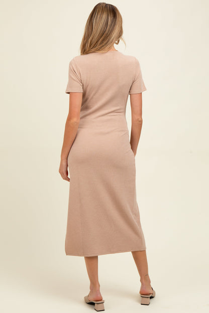 Mocha Ribbed Button Detail Maternity Midi Dress