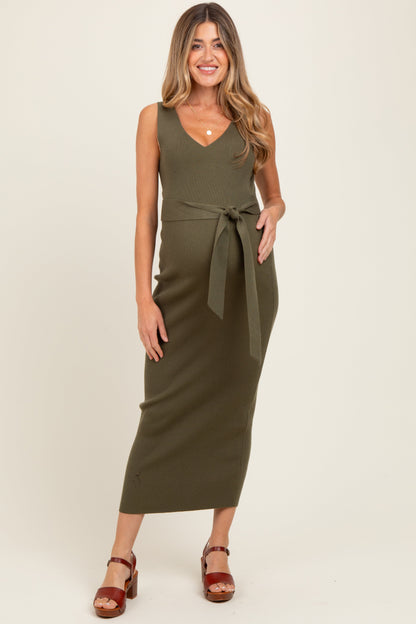 Olive Sleeveless Ribbed Belted Midi Maternity Dress