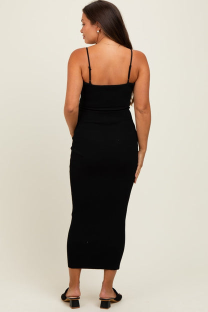 Black Rib Knit Off Shoulder Fitted Maternity Midi Dress