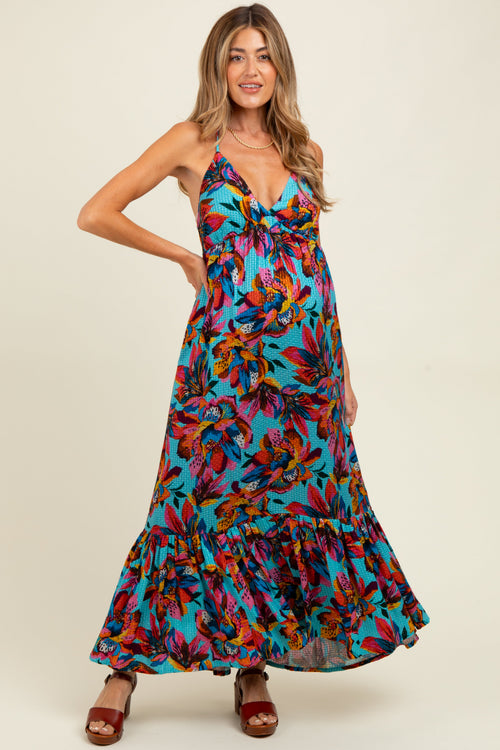 Multicolor Floral Deep V-Neck Halter Maternity Maxi Dress