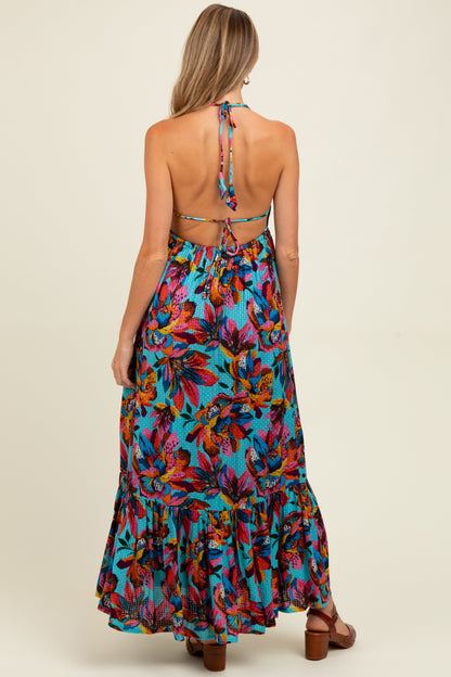 Multicolor Floral Deep V-Neck Halter Maternity Maxi Dress