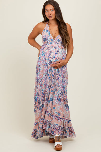 Mauve Paisley Halter V-Neck Cutout Maternity Maxi Dress