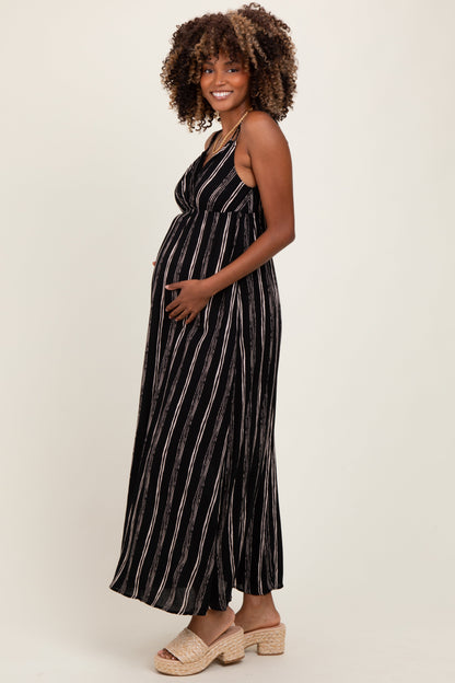 Black Striped Double Strap V-Neck Maternity Maxi Dress