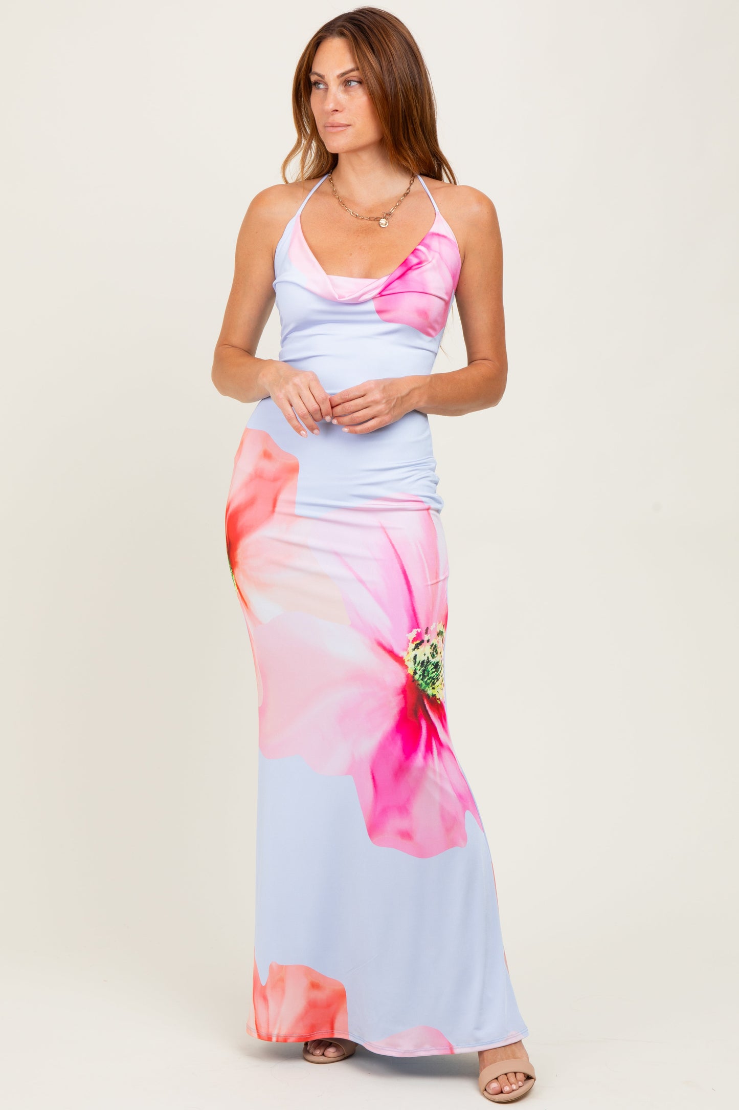 Light Blue Floral Draped Halter Maternity Maxi Dress