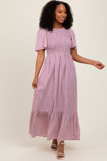 Mauve Floral Smocked Maternity Midi Dress