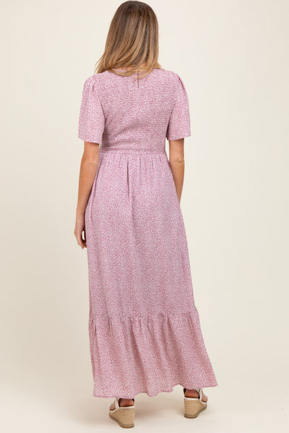Mauve Floral Smocked Maternity Midi Dress