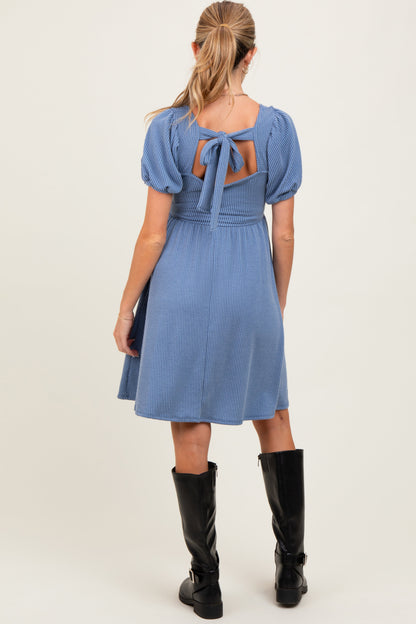 Blue Square Neck Puff Sleeve Rib Babydoll Maternity Dress