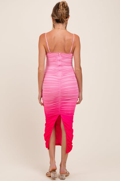 Pink Mesh Ombre Ruched Maternity Midi Dress