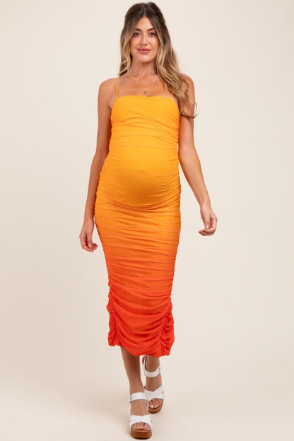 Orange Mesh Ombre Ruched Maternity Midi Dress