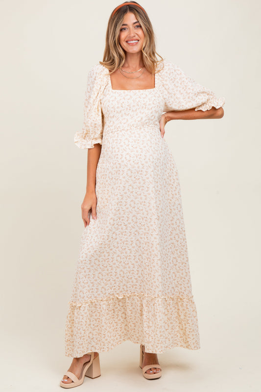 Beige Floral Print Square Neckline Maternity Maxi Dress