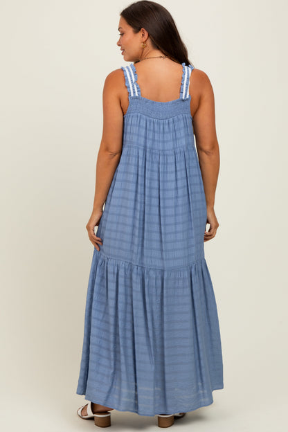 Blue Bow Tie Accent Tiered Maternity Maxi Dress