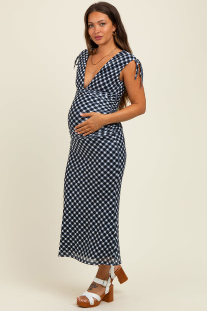 Black Ruched Gingham Shoulder Tie Maternity Maxi Dress