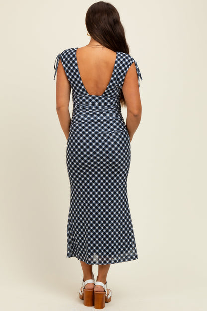 Black Ruched Gingham Shoulder Tie Maternity Maxi Dress