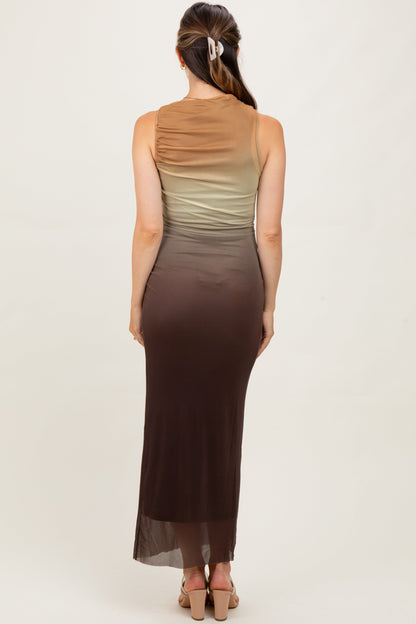 Brown Ombre Mesh Ruched Sleeveless Maternity Midi Dress