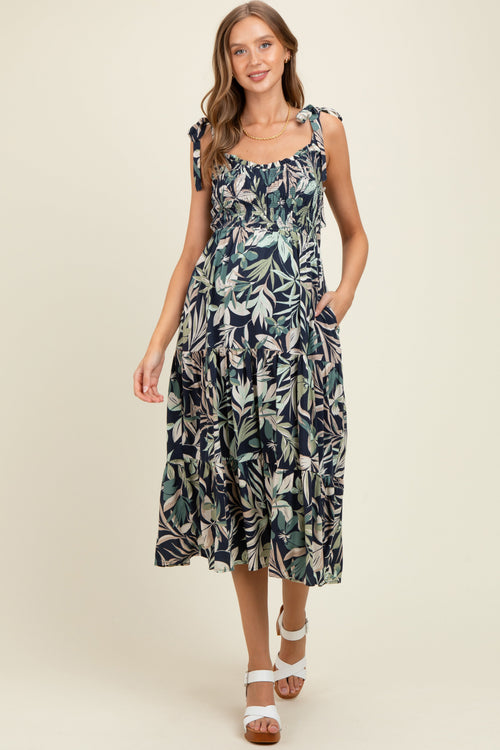 Navy Tropical Print Smocked Shoulder Tie Maternity Midi Dress